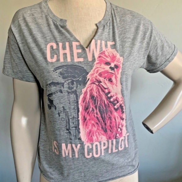 Star Wars Crop Sleep T-Shirt Chewie is My Copilot Women Sz S Gray & Pink #217B - Picture 1 of 6